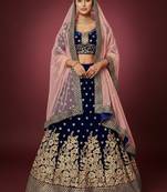 Navy-blue embroidered velvet semi stitched lehenga