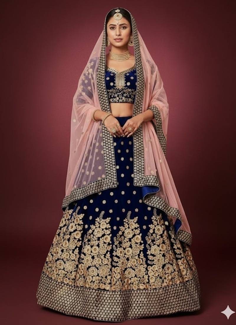 Navy-blue embroidered velvet semi stitched lehenga