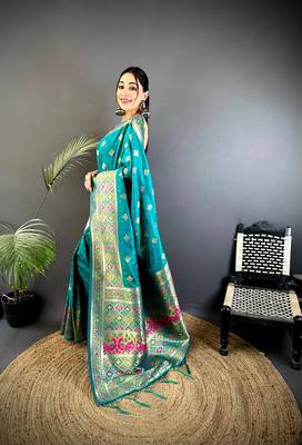 banarasi lichi silk blend teal  meenakari weaving saree with unstitched blouse 1