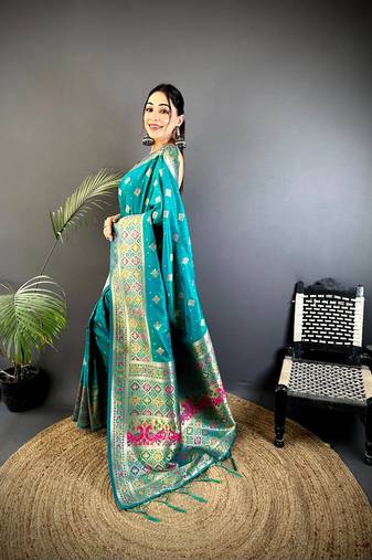 banarasi lichi silk teal   meenakari weaving saree with unstitched blouse