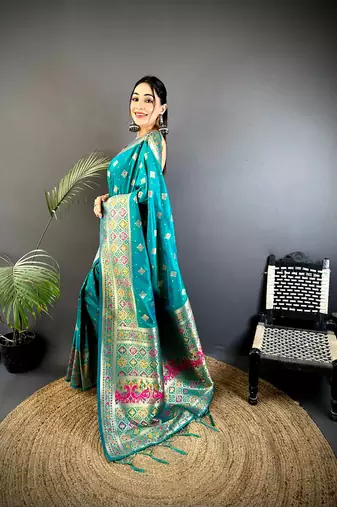 banarasi lichi silk teal   meenakari weaving saree with unstitched blouse