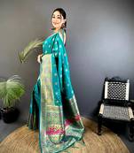 banarasi lichi silk teal   meenakari weaving saree with unstitched blouse