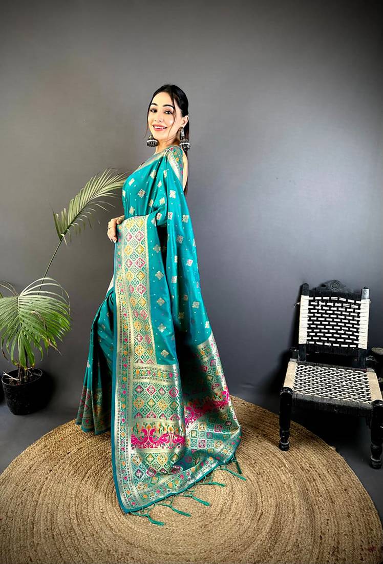 banarasi lichi silk teal   meenakari weaving saree with unstitched blouse