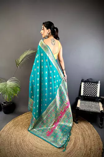 banarasi lichi silk teal   meenakari weaving saree with unstitched blouse