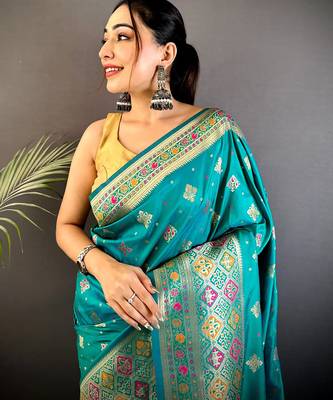 banarasi lichi silk blend teal  meenakari weaving saree with unstitched blouse 3
