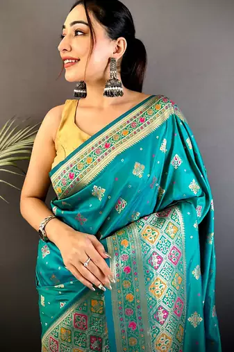 banarasi lichi silk teal   meenakari weaving saree with unstitched blouse