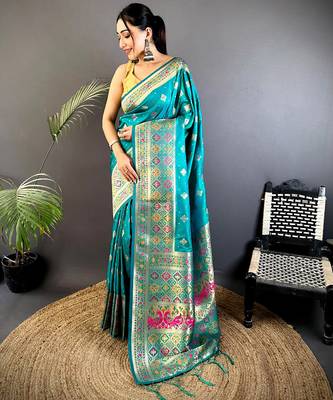 banarasi lichi silk blend teal  meenakari weaving saree with unstitched blouse 5