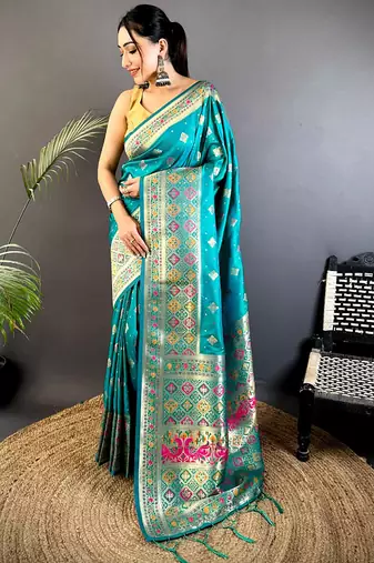 banarasi lichi silk teal   meenakari weaving saree with unstitched blouse