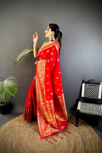 red banarasi lichi silk blend red     meenakari weaving saree with unstitched blouse