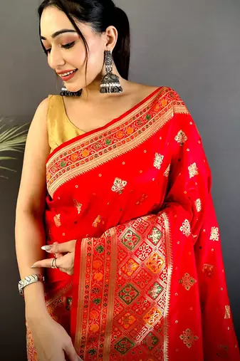 red banarasi lichi silk blend red     meenakari weaving saree with unstitched blouse