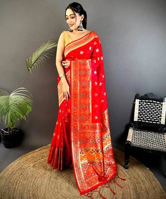 red banarasi lichi silk blend blend red   meenakari weaving saree with unstitched blouse 5
