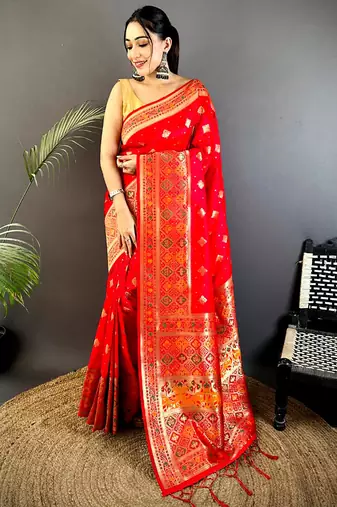 red banarasi lichi silk blend red     meenakari weaving saree with unstitched blouse