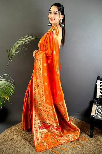 orange banarasi lichi silk blend orange   meenakari weaving saree with unstitched blouse