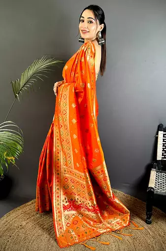 orange banarasi lichi silk blend orange   meenakari weaving saree with unstitched blouse