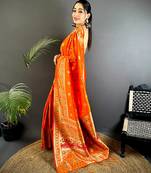 orange banarasi lichi silk blend orange   meenakari weaving saree with unstitched blouse