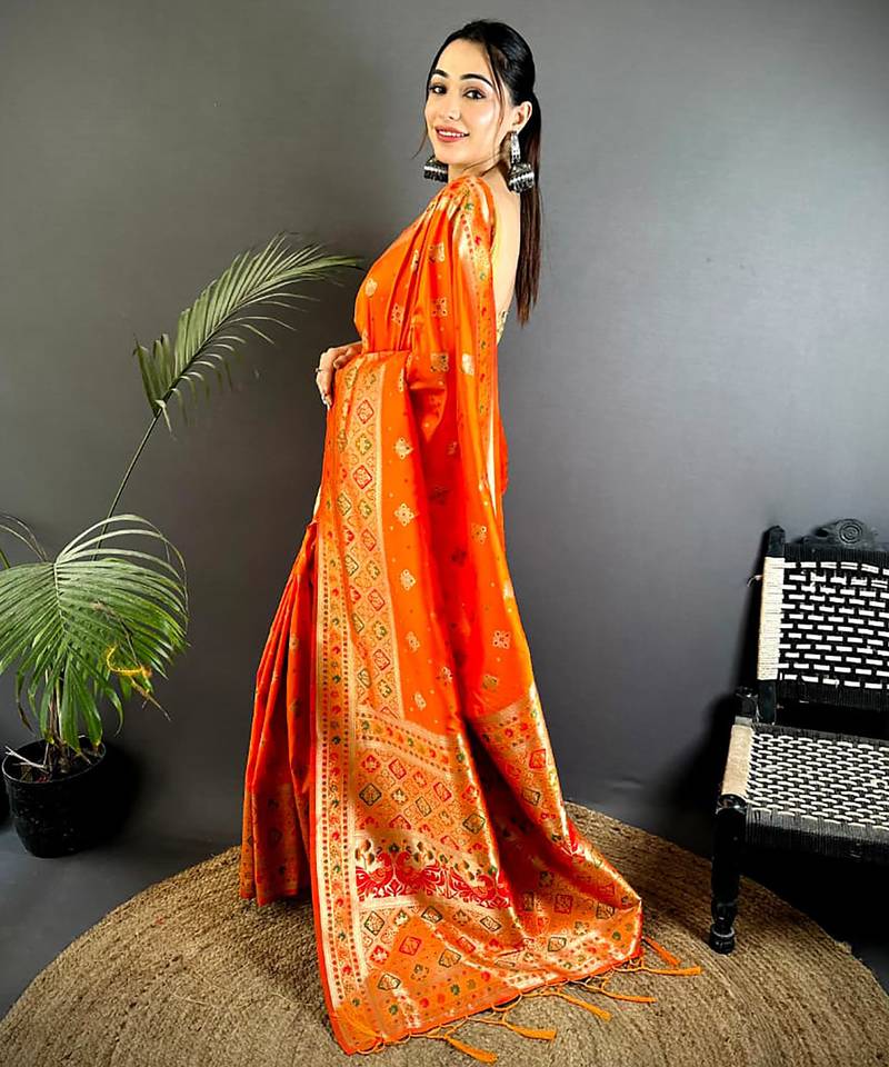 orange banarasi lichi silk blend orange   meenakari weaving saree with unstitched blouse