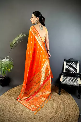 orange banarasi lichi silk blend orange   meenakari weaving saree with unstitched blouse