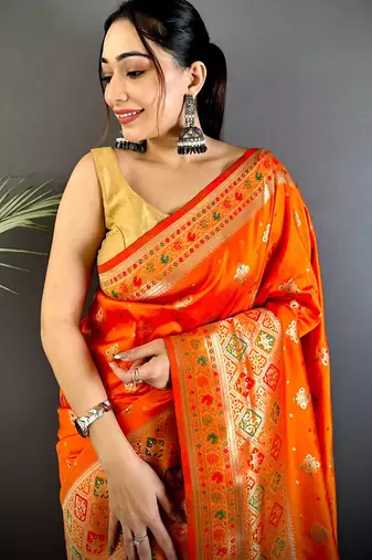orange banarasi lichi silk blend orange   meenakari weaving saree with unstitched blouse