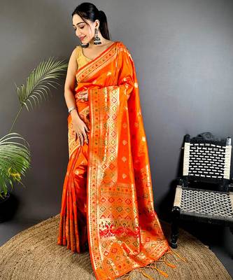 orange banarasi lichi silk blend blend orange  meenakari weaving saree with unstitched blouse 5
