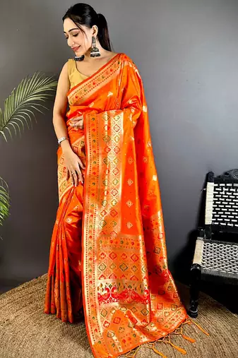 orange banarasi lichi silk blend orange   meenakari weaving saree with unstitched blouse