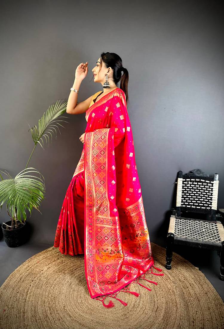 banarasi lichi silk coral pink   meenakari weaving saree with unstitched blouse