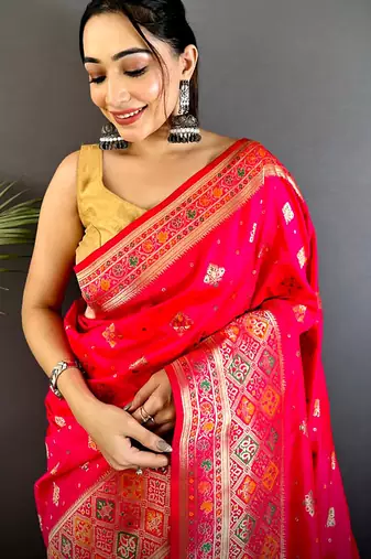 banarasi lichi silk coral pink   meenakari weaving saree with unstitched blouse