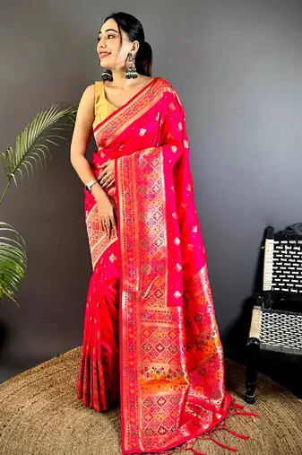 banarasi lichi silk coral pink   meenakari weaving saree with unstitched blouse
