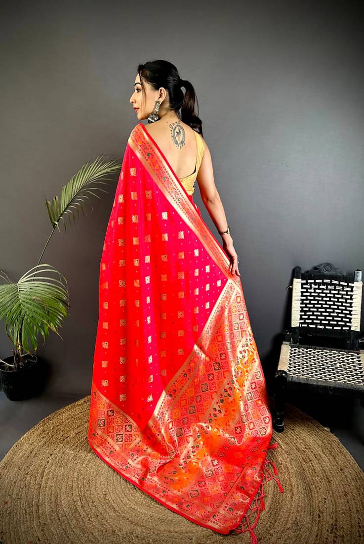 banarasi lichi silk   red   meenakari weaving saree with unstitched blouse