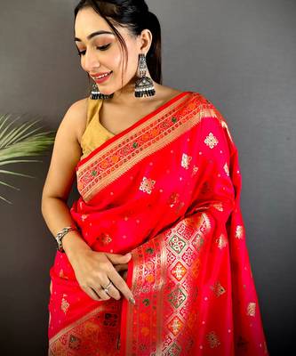 banarasi lichi silk blend  red  meenakari weaving saree with unstitched blouse 3