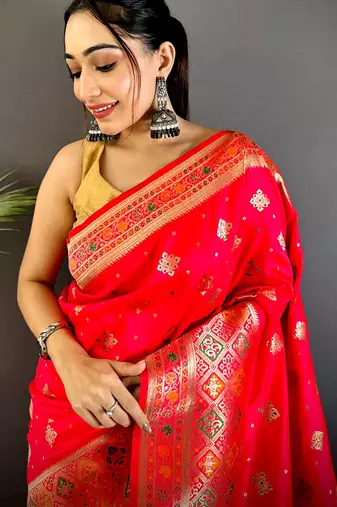 banarasi lichi silk   red   meenakari weaving saree with unstitched blouse
