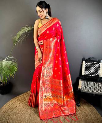 banarasi lichi silk blend  red  meenakari weaving saree with unstitched blouse 5