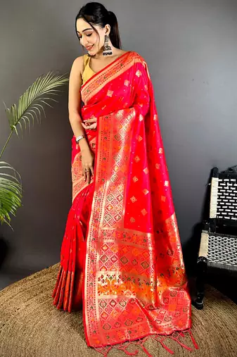 banarasi lichi silk   red   meenakari weaving saree with unstitched blouse