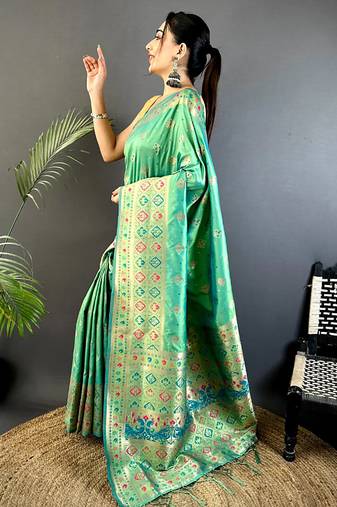 sea_green banarasi lichi silk blend   sea green   meenakari weaving saree with unstitched blouse