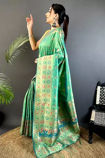 sea_green banarasi lichi silk blend   sea green   meenakari weaving saree with unstitched blouse