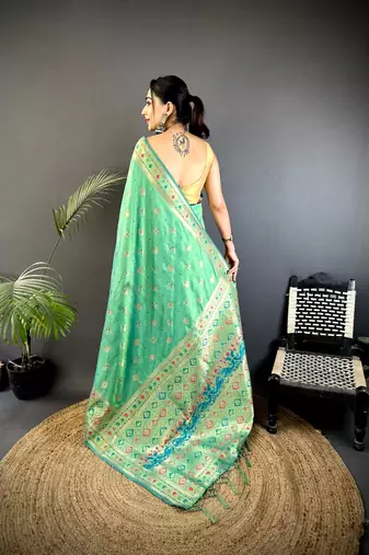 sea_green banarasi lichi silk blend   sea green   meenakari weaving saree with unstitched blouse