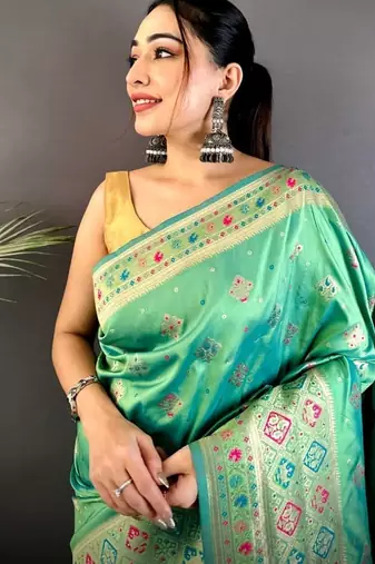 sea_green banarasi lichi silk blend   sea green   meenakari weaving saree with unstitched blouse