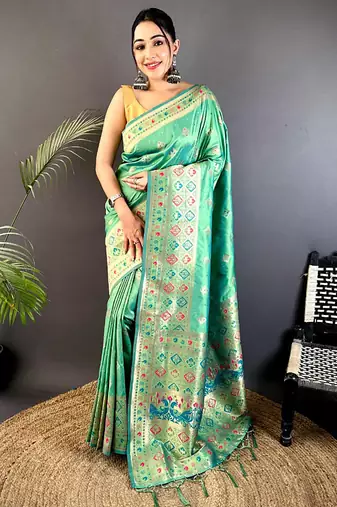 sea_green banarasi lichi silk blend   sea green   meenakari weaving saree with unstitched blouse