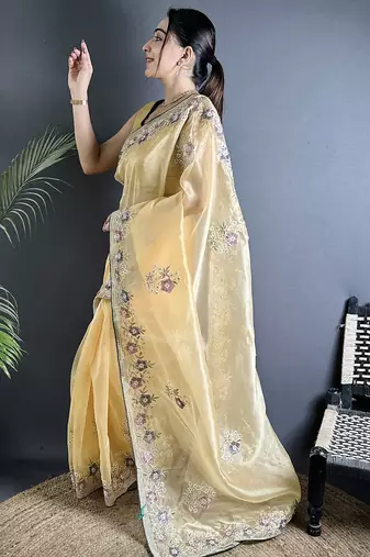 yellow   organza silk blend bright yellow dubble sequence saree with unstitched blouse