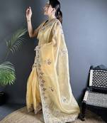 yellow   organza silk blend bright yellow dubble sequence saree with unstitched blouse