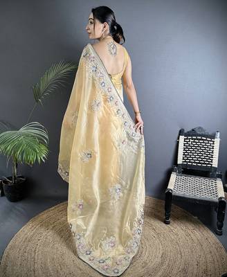 yellow  organza silk blend blend bright yellow dubble sequence saree with unstitched blouse 2