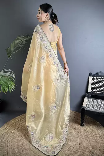 yellow  organza silk blend blend bright yellow dubble sequence saree with unstitched blouse