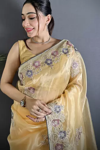 yellow  organza silk blend blend bright yellow dubble sequence saree with unstitched blouse