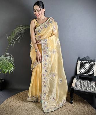 yellow  organza silk blend blend bright yellow dubble sequence saree with unstitched blouse 5