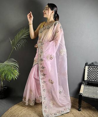 light_pink  organza silk blend blend  light pink dubble sequence saree with unstitched blouse 1