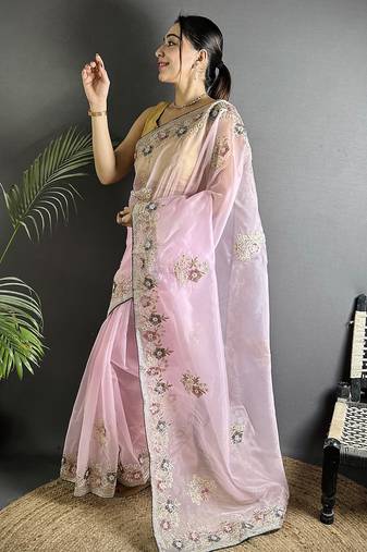 light_pink   organza silk blend   light pink dubble sequence saree with unstitched blouse