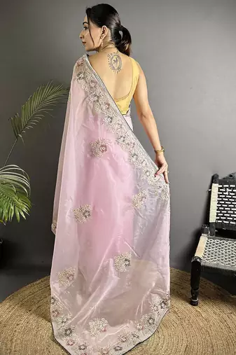 light_pink  organza silk blend blend  light pink dubble sequence saree with unstitched blouse