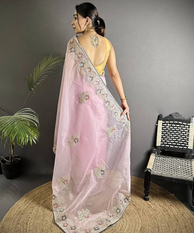 light_pink   organza silk blend   light pink dubble sequence saree with unstitched blouse