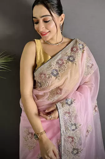 light_pink  organza silk blend blend  light pink dubble sequence saree with unstitched blouse
