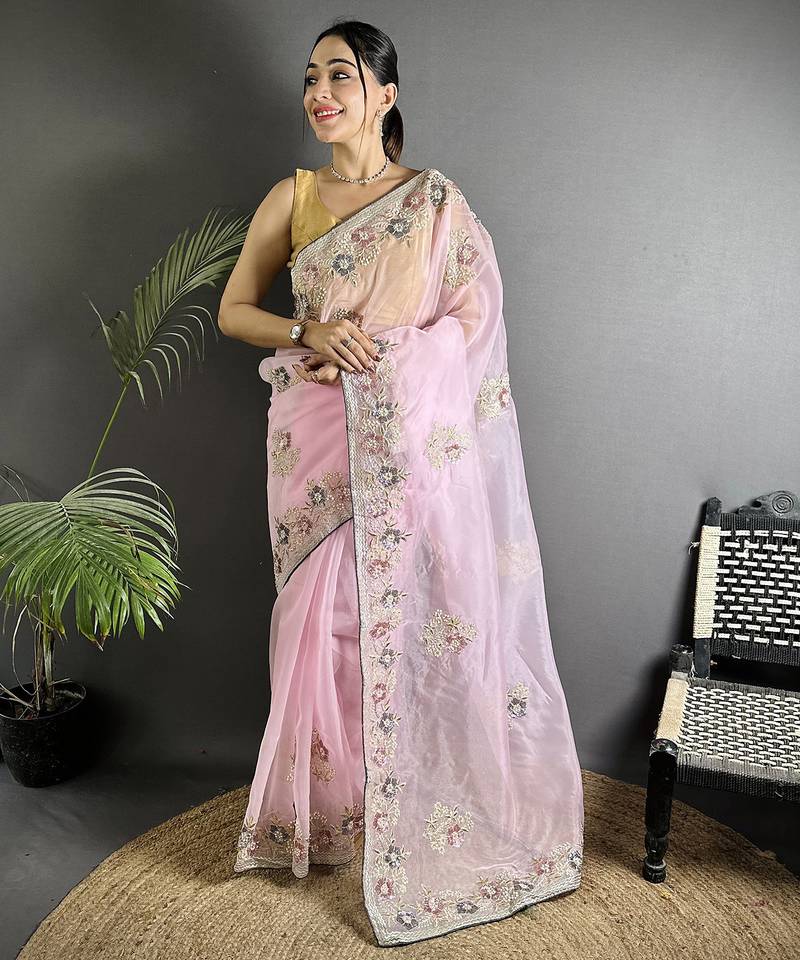 light_pink   organza silk blend   light pink dubble sequence saree with unstitched blouse