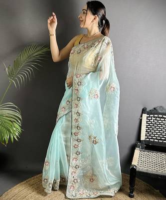 sky_blue  organza silk blend blend sky blue dubble sequence saree with unstitched blouse 1